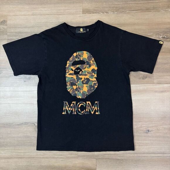 A Bathing Ape Size M MCM Camo Ape Head Bape Logo Black Tee Shirt Streetwear - Picture 1 of 7